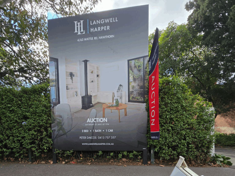 Langwell Harper real estate sold sign outside 63 Wattle Road, Hawthorn, after a successful auction of a 2-bedroom property.